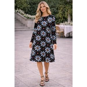 Svaha USA Atom Star Atomic Print Long Sleeve Cotton Midi Swing Dress Size XL